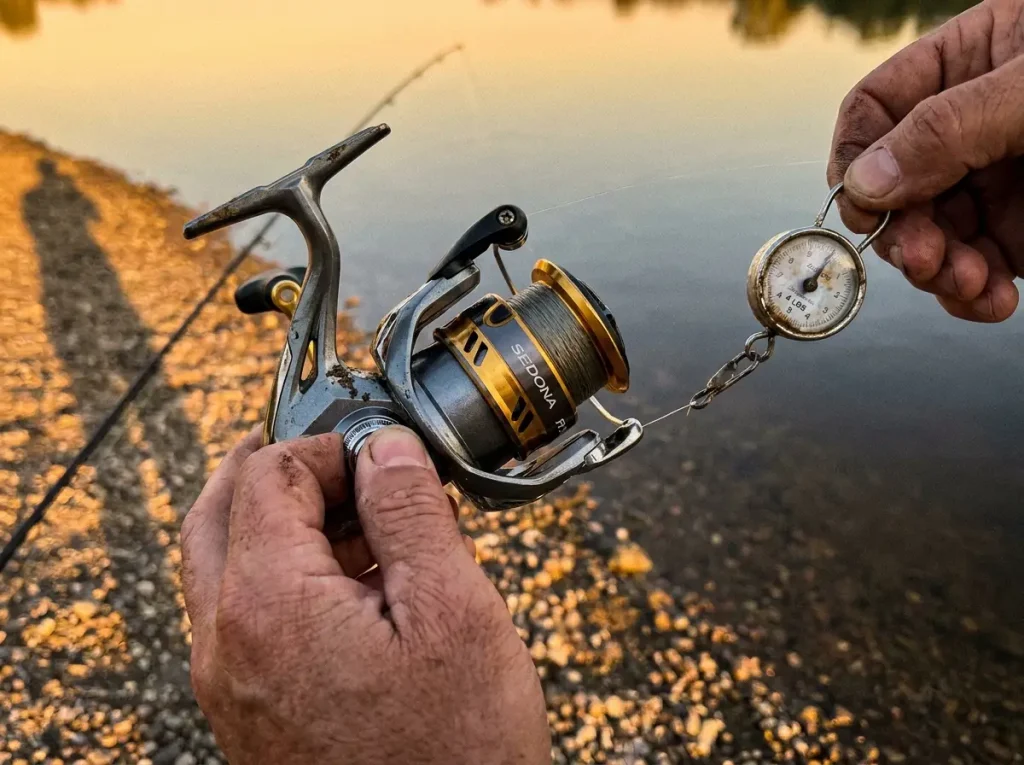 Adjusting the drag knob on a spinning reel using a hanging spring scale