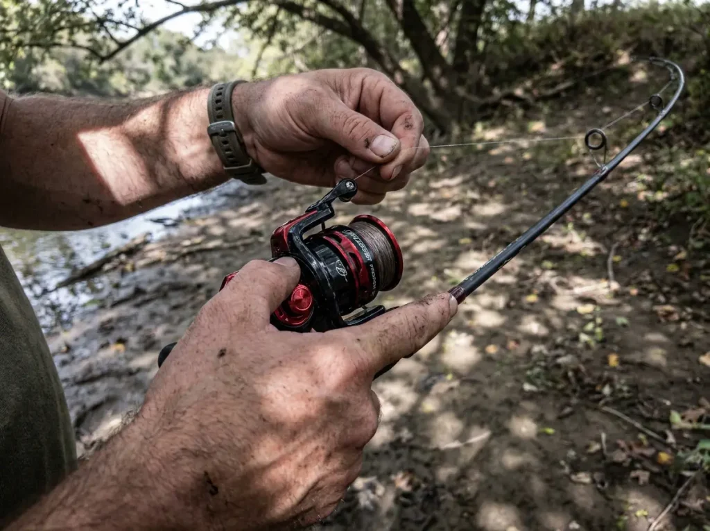 Angler doing the pinch-and-pull drag test on a Pflueger President spinning reel at the bank
