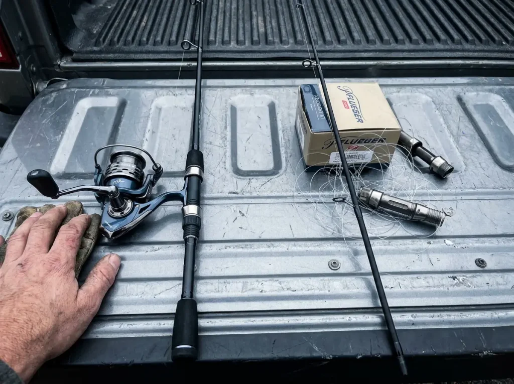 Pflueger President spinning combo laid beside loose rod and reel parts on a truck tailgate