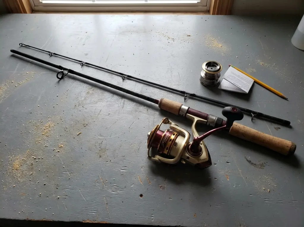 Spinning combo laid out on a table showing rod, reel, guides and reel seat