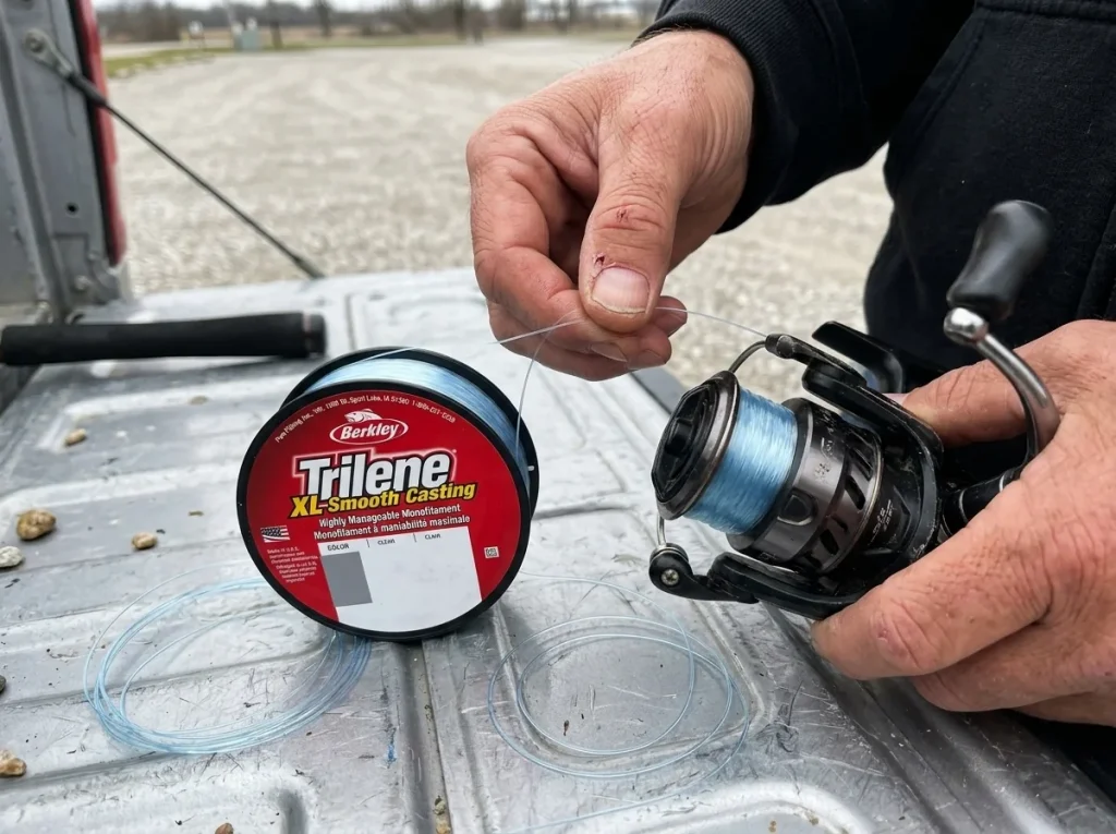 Hands spooling fresh Berkley Trilene monofilament line onto a spinning reel as a low-cost fishing gift