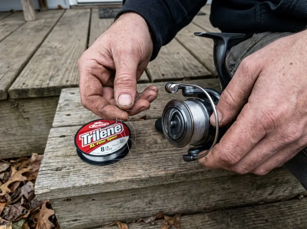 Hands spooling clear Berkley Trilene monofilament onto a spinning reel filled near the rim