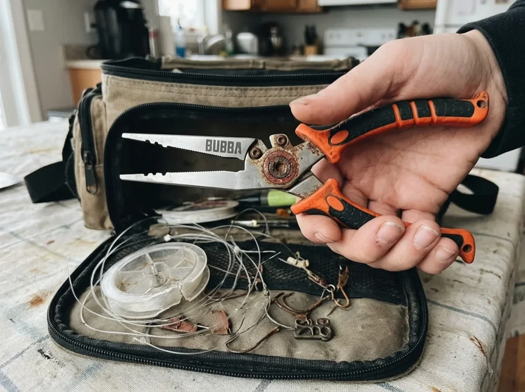 Hands sorting an open tackle bag and inspecting worn rusted Bubba pliers to spot fishing gear to replace