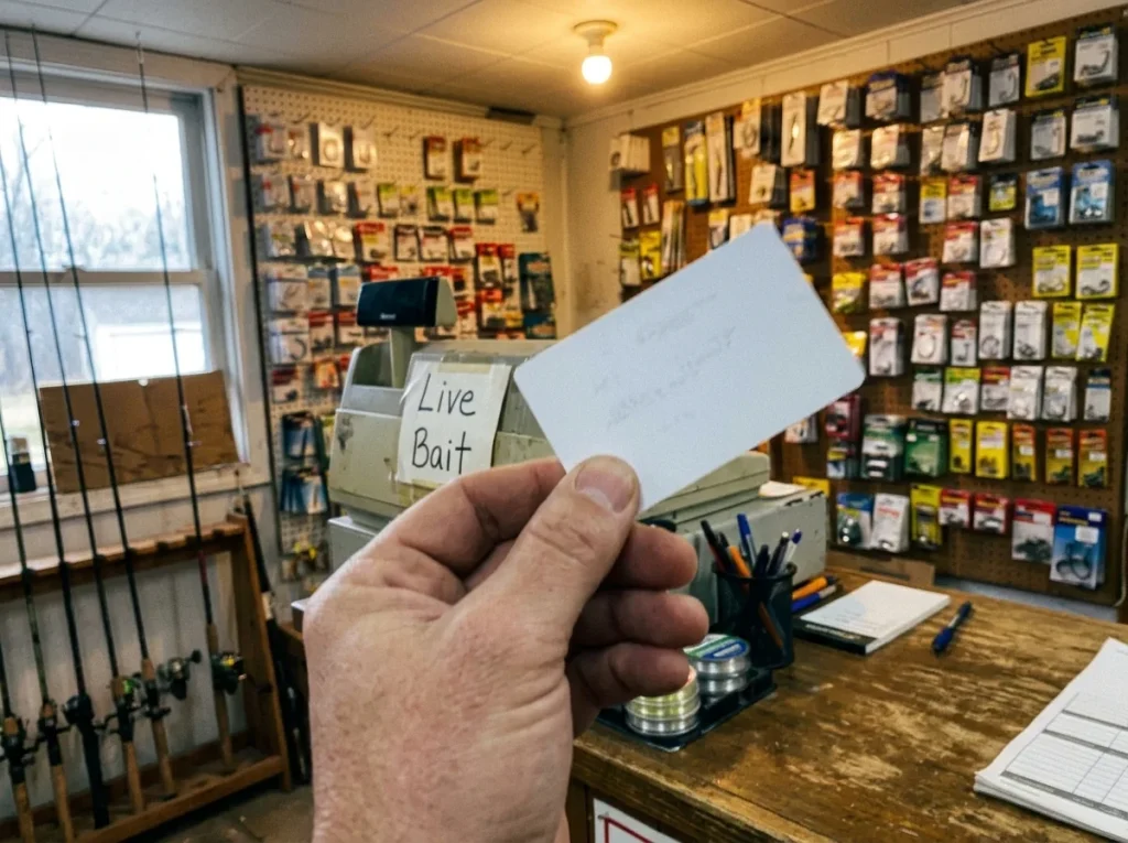 A plain fishing gift card held up at a local tackle shop counter as a safe fishing gift option