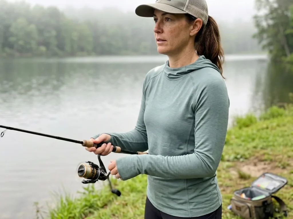 A woman angler on a lake bank in a Free Fly UPF sun hoodie fishing, showing gifts matched to angler type