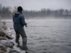 Best Cold-Weather Fishing Clothing for Every Setup Angler in layered cold-weather fishing clothing casting from a riverbank on a frozen winter morning