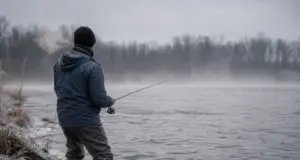 Best Cold-Weather Fishing Clothing for Every Setup Angler in layered cold-weather fishing clothing casting from a riverbank on a frozen winter morning