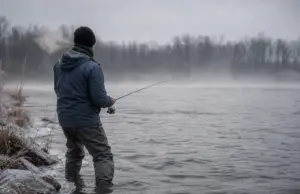 Best Cold-Weather Fishing Clothing for Every Setup Angler in layered cold-weather fishing clothing casting from a riverbank on a frozen winter morning