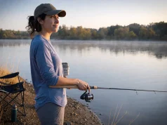 Best Fishing Rods for Beginners Who Just Want to Fish Beginner angler holding an Ugly Stik Elite spinning combo on a lake bank at first light
