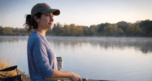 Best Fishing Rods for Beginners Who Just Want to Fish Beginner angler holding an Ugly Stik Elite spinning combo on a lake bank at first light