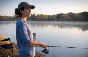 Best Fishing Rods for Beginners Who Just Want to Fish Beginner angler holding an Ugly Stik Elite spinning combo on a lake bank at first light
