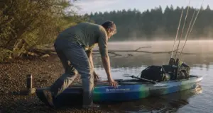 Fishing Kayak Buying Guide What Actually Matters Angler pushing a rigged fishing kayak off a gravel bank at first light