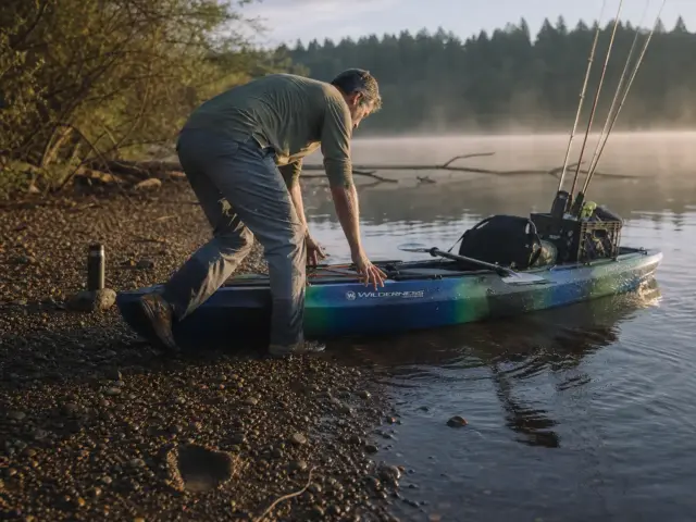 0-fishing-kayak-buying-guide-launch Angler pushing a rigged fishing kayak off a gravel bank at first light