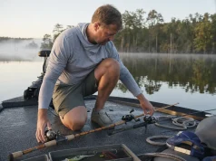Graphite vs Fiberglass Rods Your Lure Decides Angler choosing between graphite and fiberglass rods laid across a bass boat deck at first light