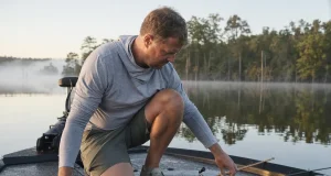 Graphite vs Fiberglass Rods Your Lure Decides Angler choosing between graphite and fiberglass rods laid across a bass boat deck at first light