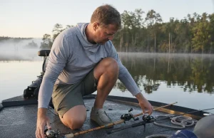 Graphite vs Fiberglass Rods Your Lure Decides Angler choosing between graphite and fiberglass rods laid across a bass boat deck at first light