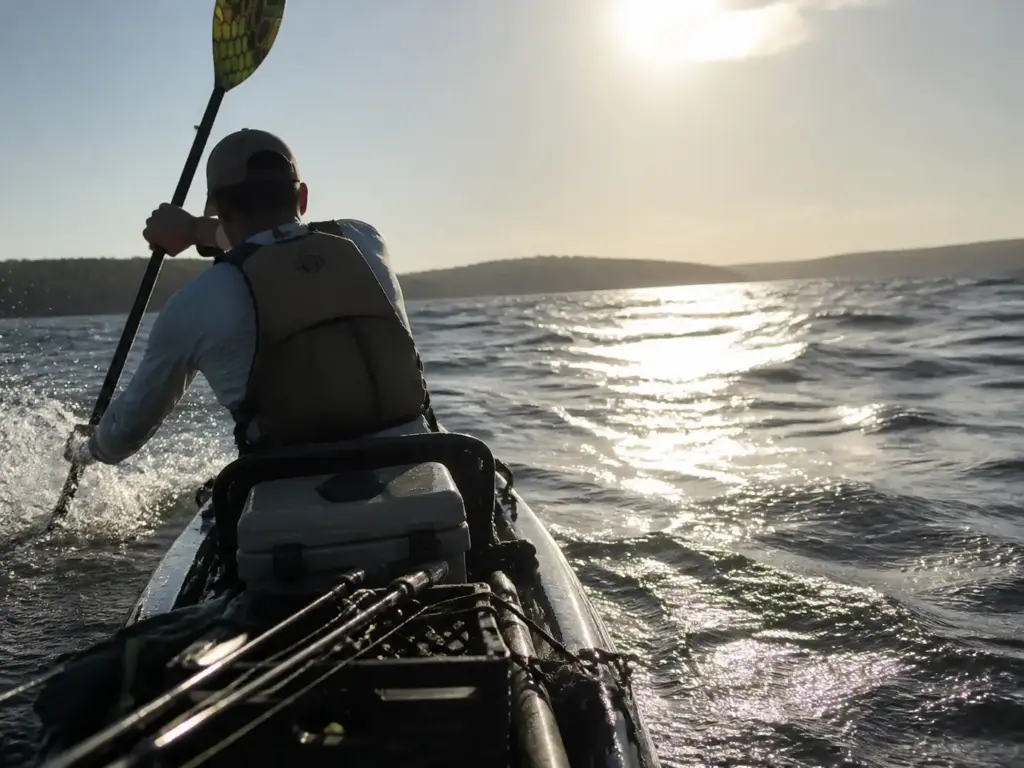Kayak angler paddling into a headwind on the return leg across choppy water