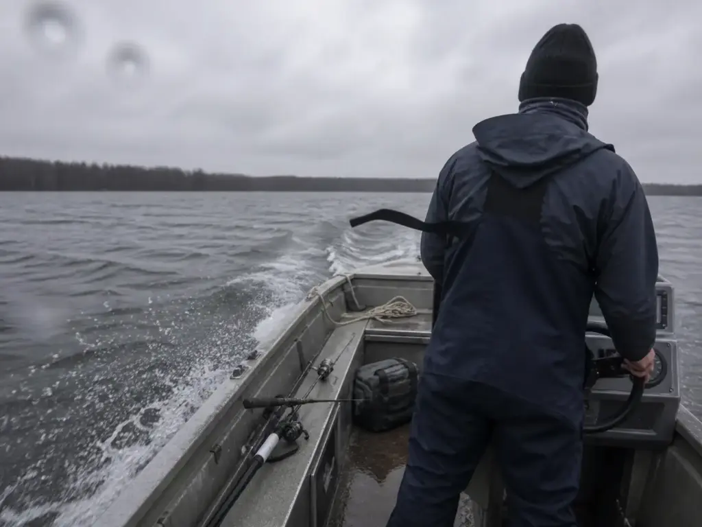 Angler in an insulated bib and shell riding an open boat across cold gray water in winter wind