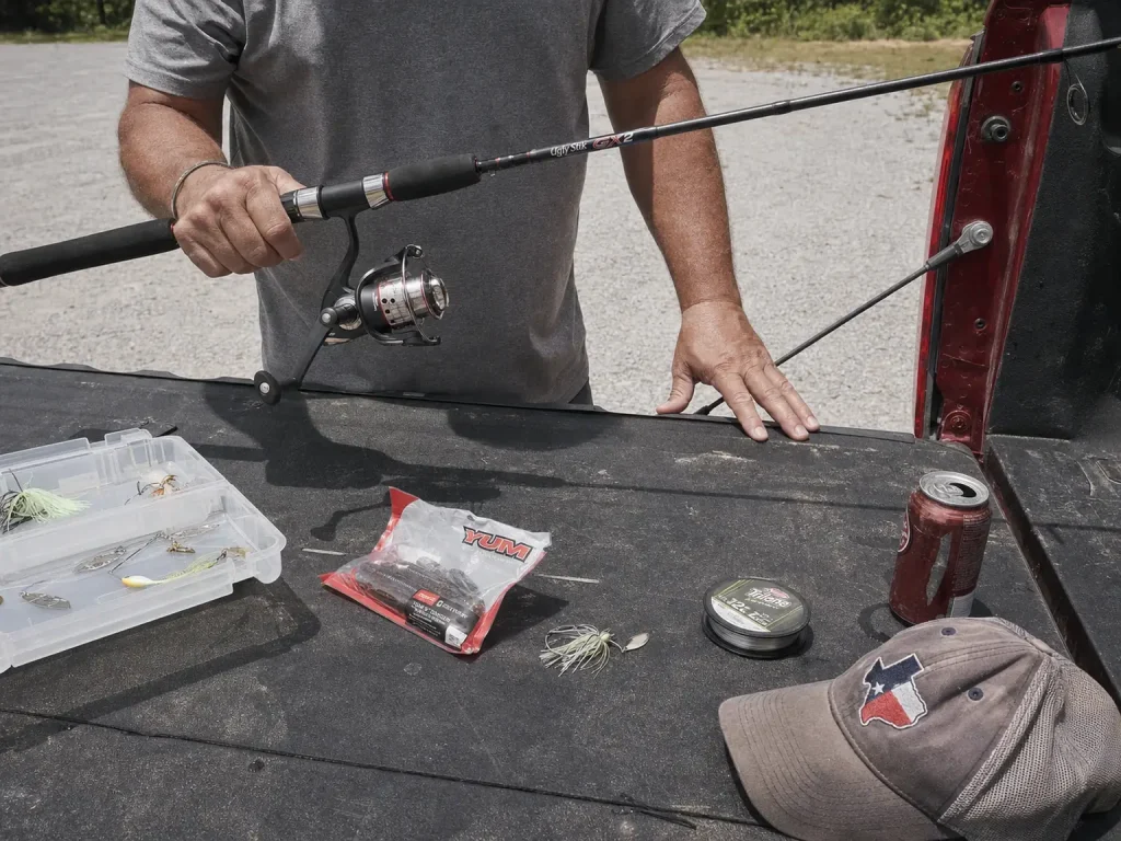 Ugly Stik GX2 composite spinning combo on a truck tailgate beside mixed lures