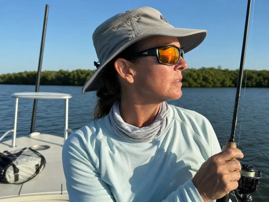Angler in polarized fishing sunglasses scanning shallow water for fish in bright afternoon sun