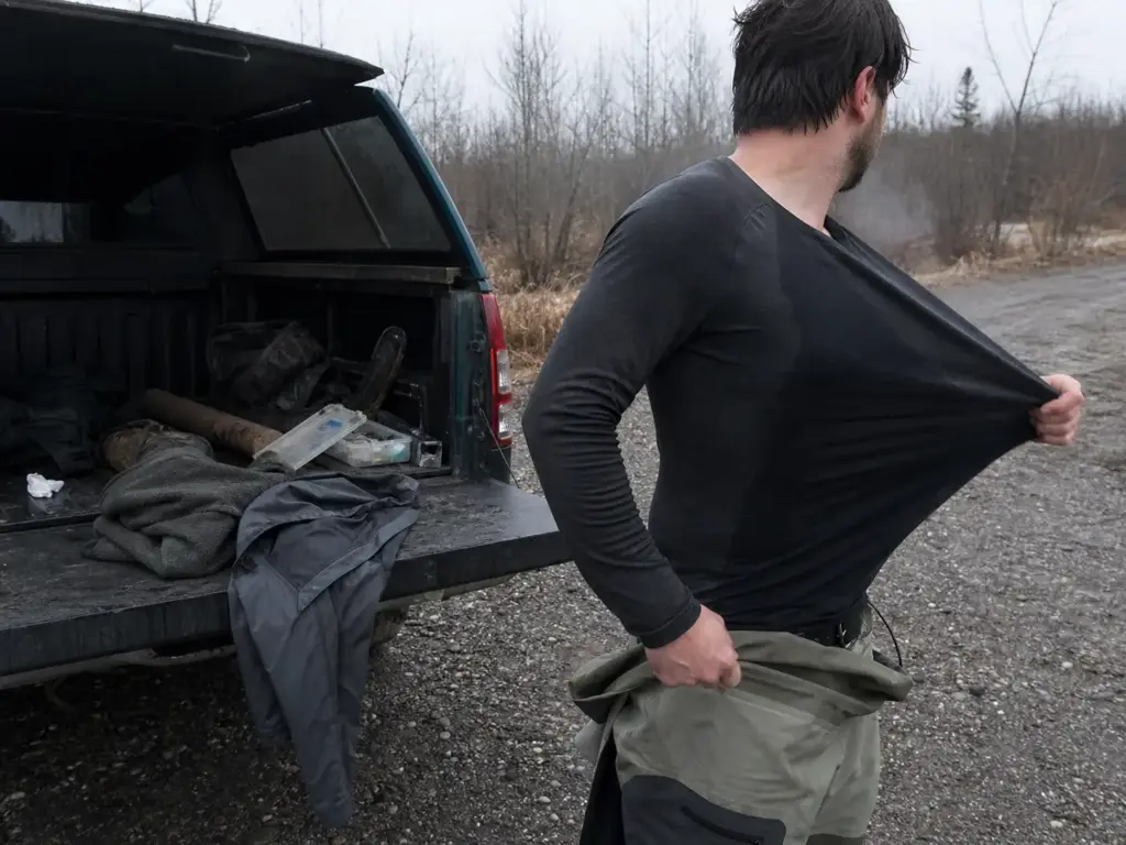 Angler peeling off a damp base layer on a tailgate after the walk in to a cold-weather fishing spot
