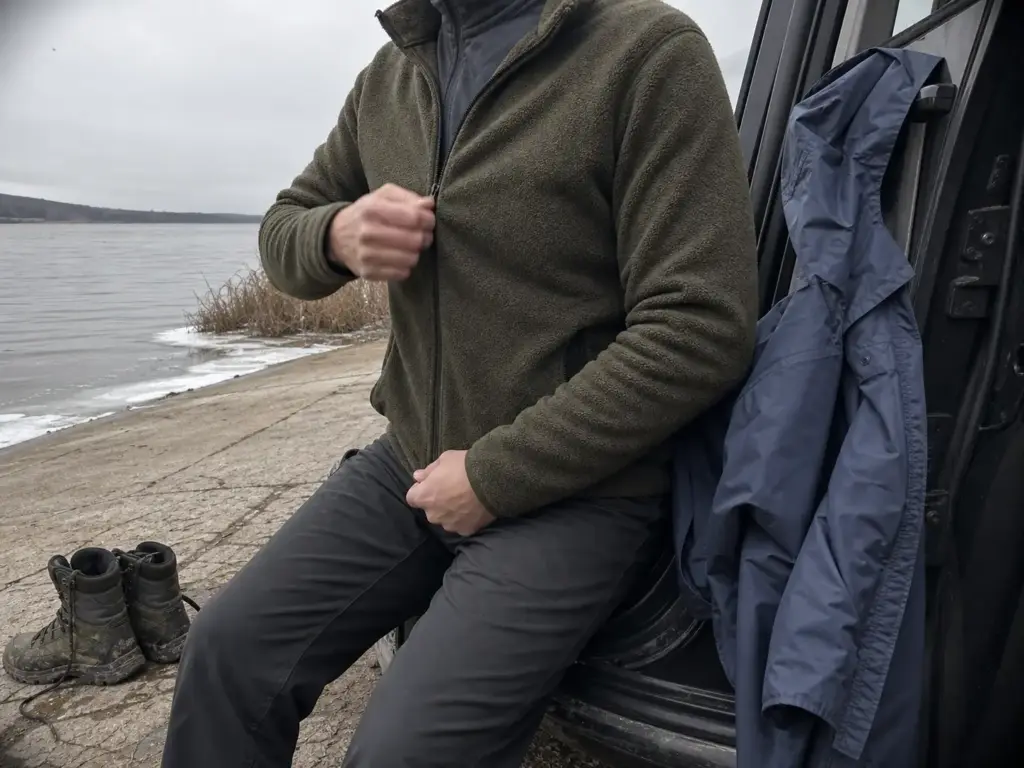 Angler zipping a fleece mid layer over a base layer with a waterproof shell hanging nearby in cold weather