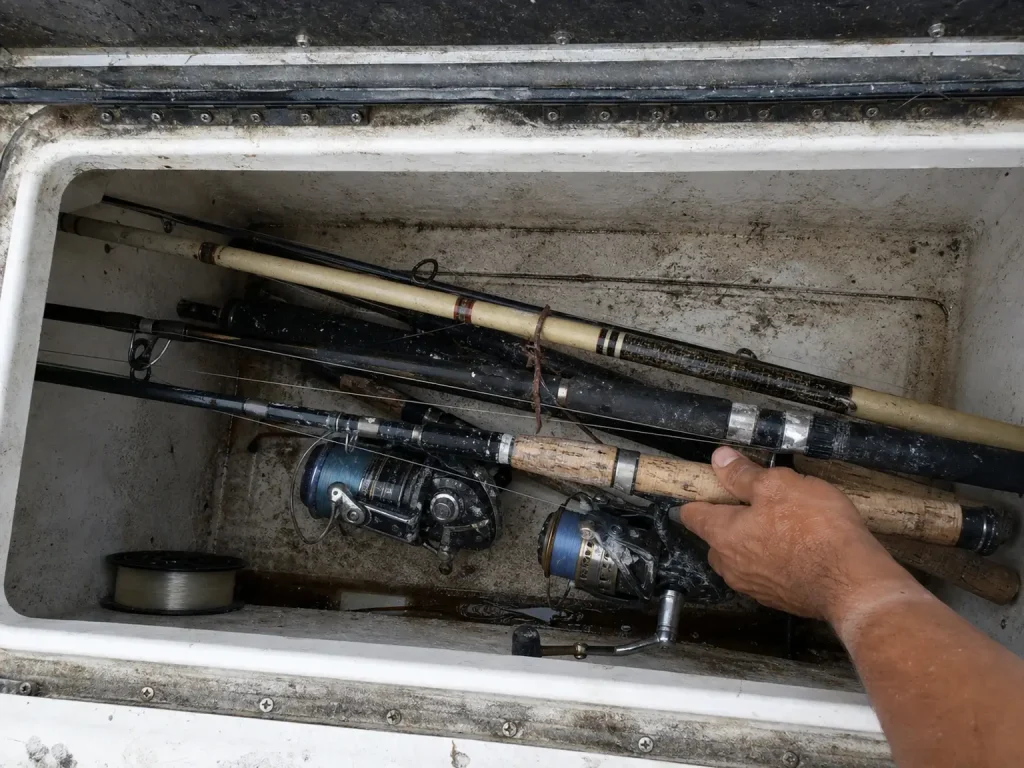 Open boat rod locker holding mixed fiberglass and graphite rods after a salty run
