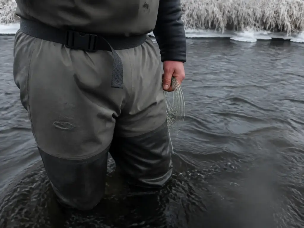 Cinched wading belt and cold river surface with ice at the edge, illustrating cold-water safety while fishing