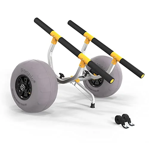 Bonnlo kayak cart with balloon beach wheels for hauling a rigged fishing kayak