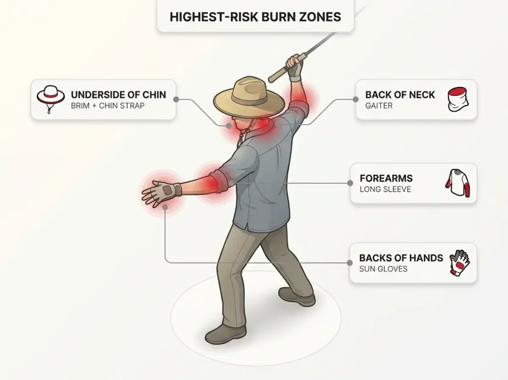 Infographic showing an angler's casting stance heat-mapped by sunburn risk with the four highest-risk zones labeled and matching gear