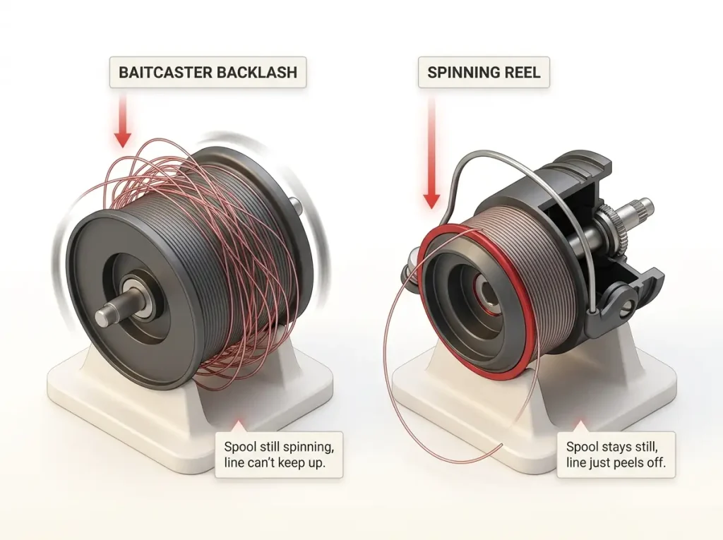 Diagram of a baitcaster backlash overrun beside a spinning reel's fixed spool showing why one tangles and the other doesn't