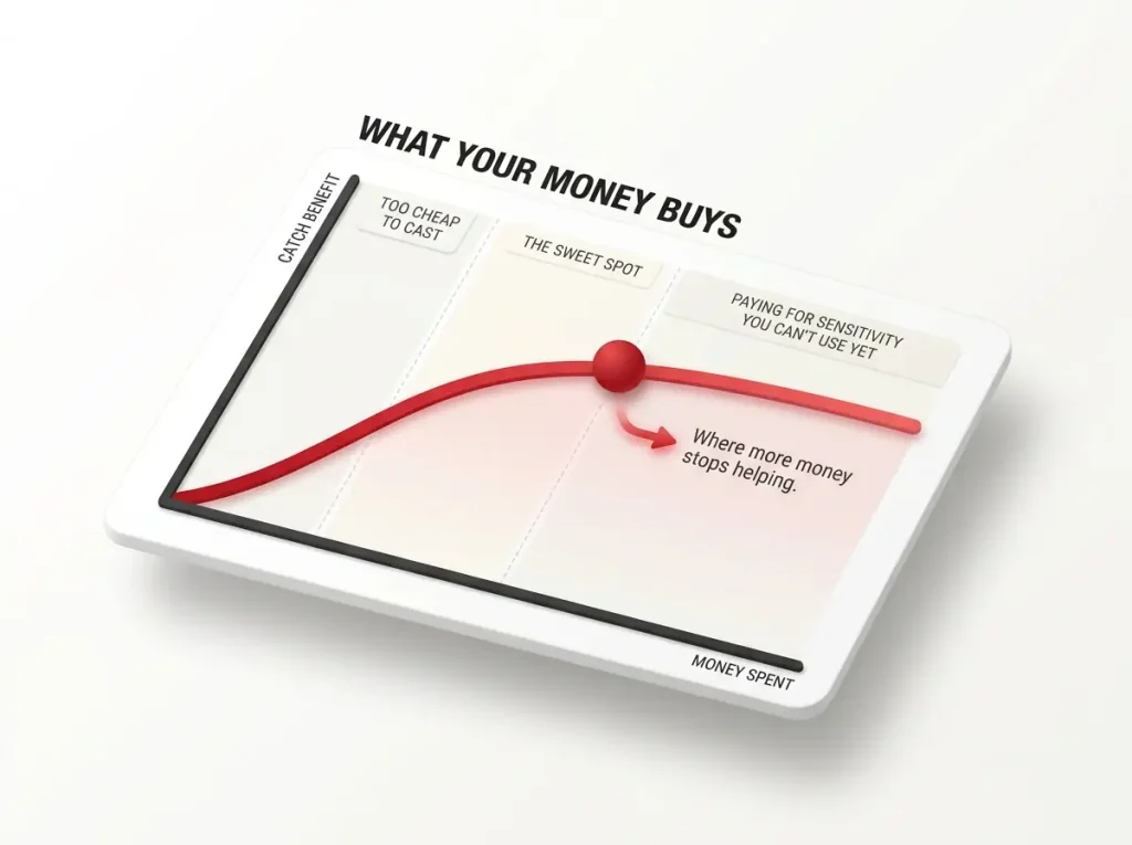 Data visualization showing beginner fishing rod value curve with plateau point and three spending bands labeled