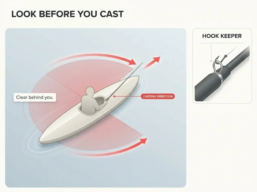 Overhead diagram of a kayak casting safety arc and hook keeper position for beginner fishing safety habits