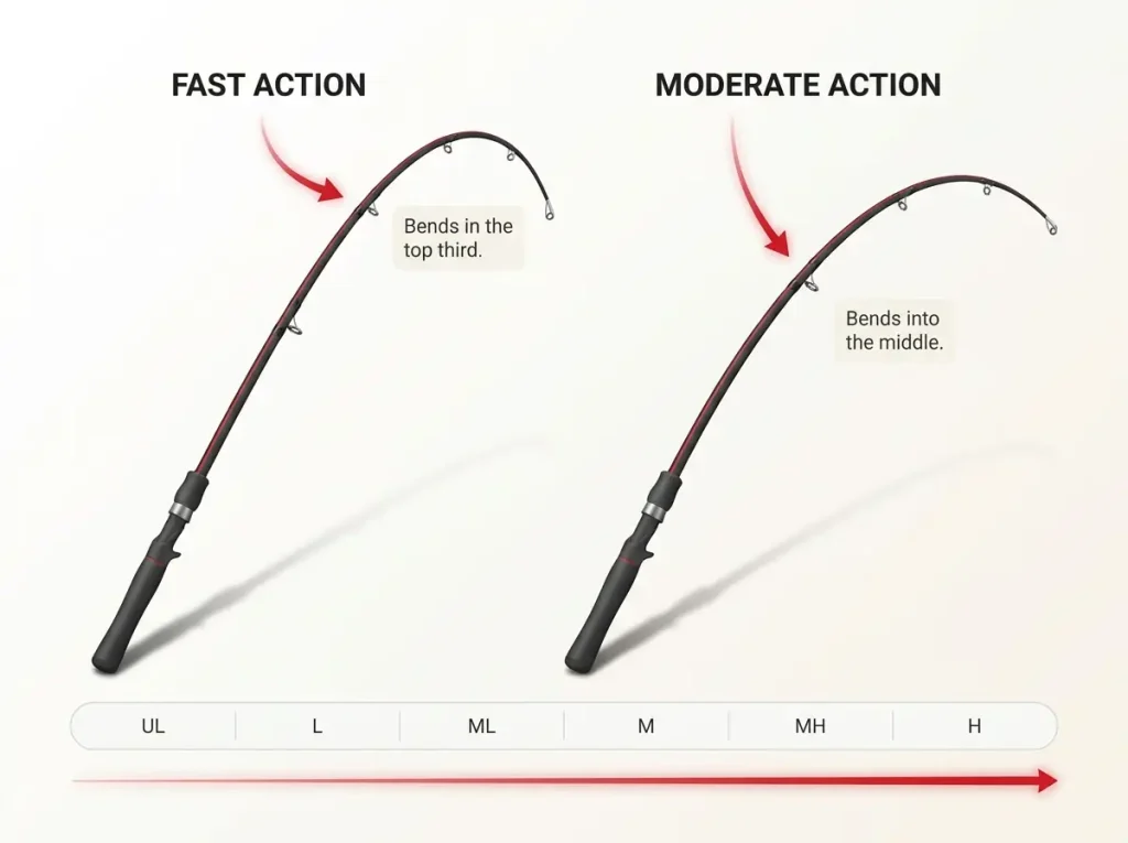 Diagram comparing fast versus moderate rod action bend points with a power scale from ultralight to heavy
