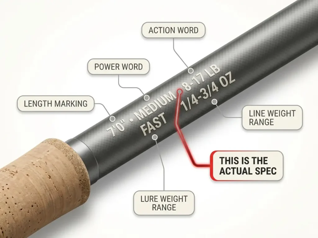 Infographic showing an annotated fishing rod blank spec label with power, action, line weight, and lure weight callouts