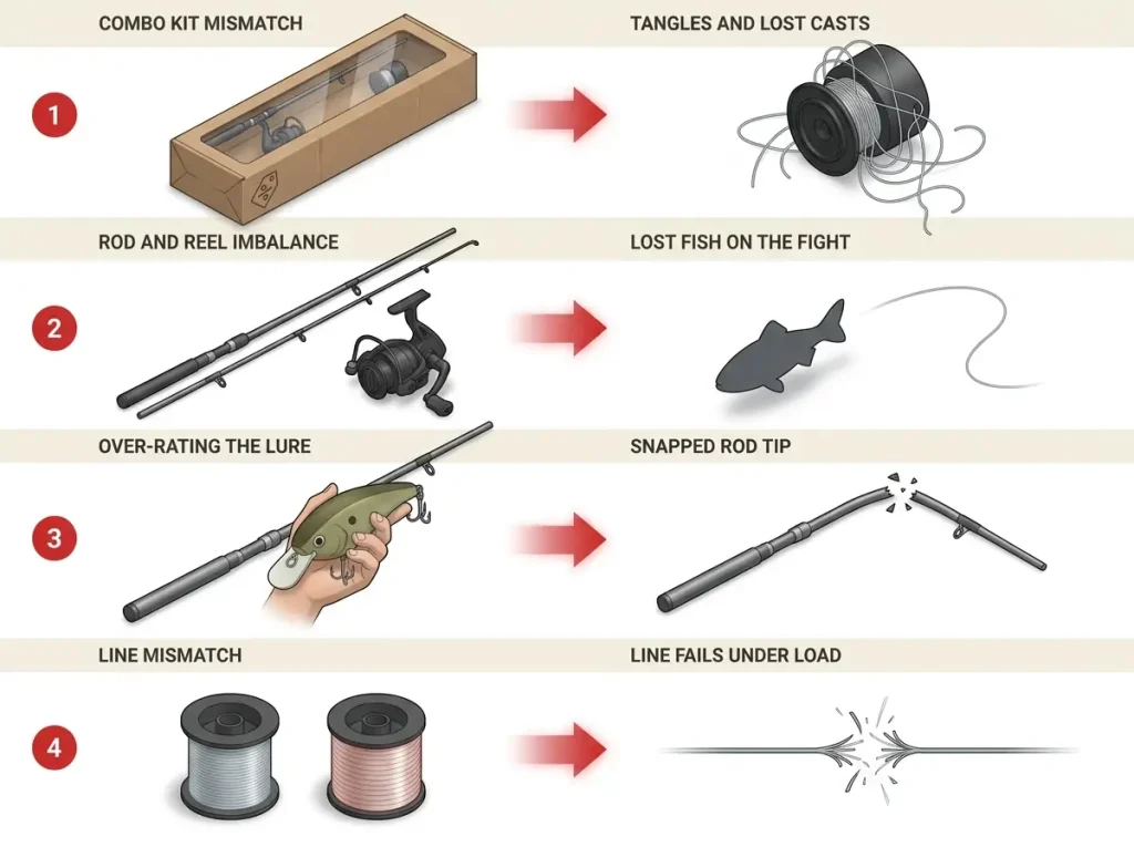 Infographic showing four fishing rod buying mistakes with purchase decisions on the left and on-water consequences on the right