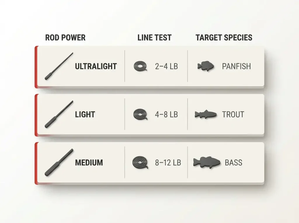 Infographic table pairing rod power, line-test window, and typical target species for ultralight, light, and medium rods