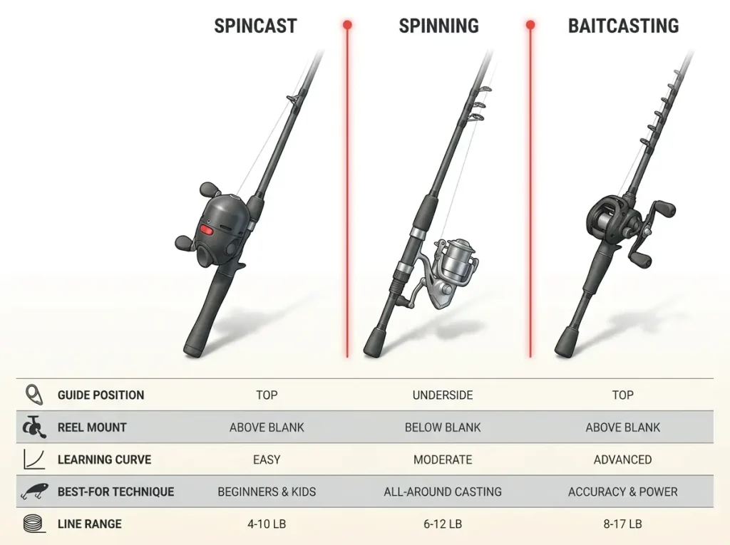Infographic comparing spincast, spinning, and baitcasting rods across guide position, learning curve, and best-use technique