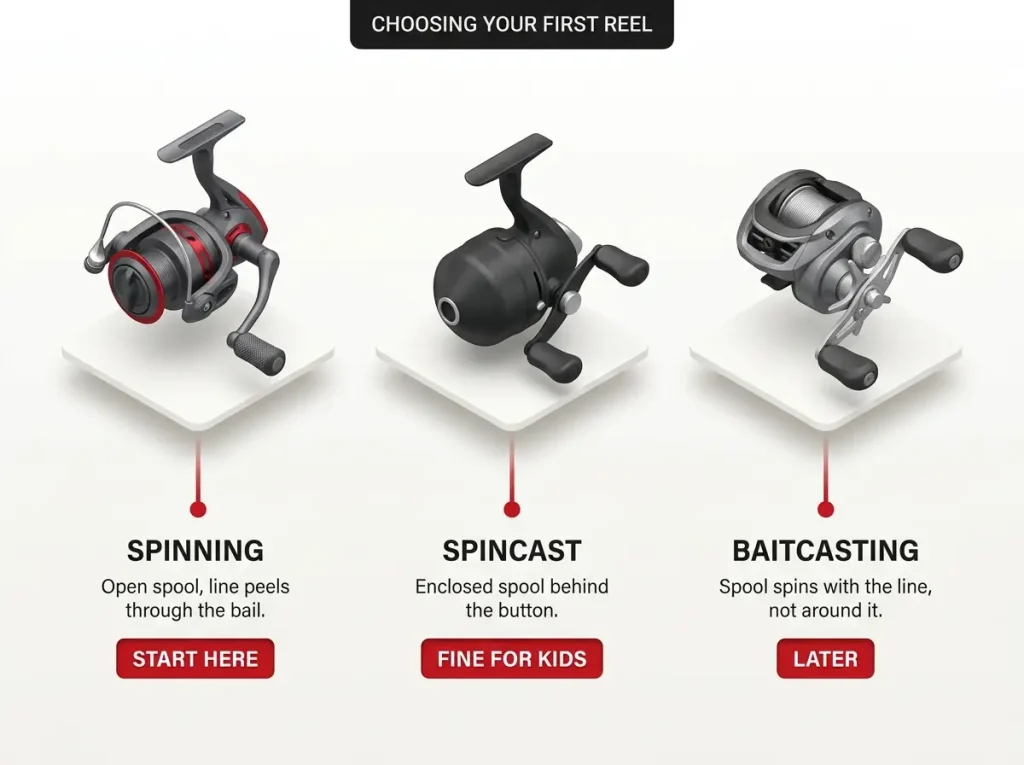 Infographic comparing spinning, spincast, and baitcasting reels with silhouettes, line-release notes, and beginner verdicts