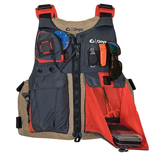 Onyx kayak fishing life jacket with high-back design and gear pockets
